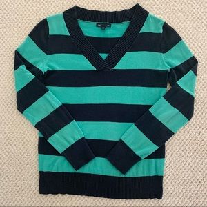 teal and navy striped v-neck sweater